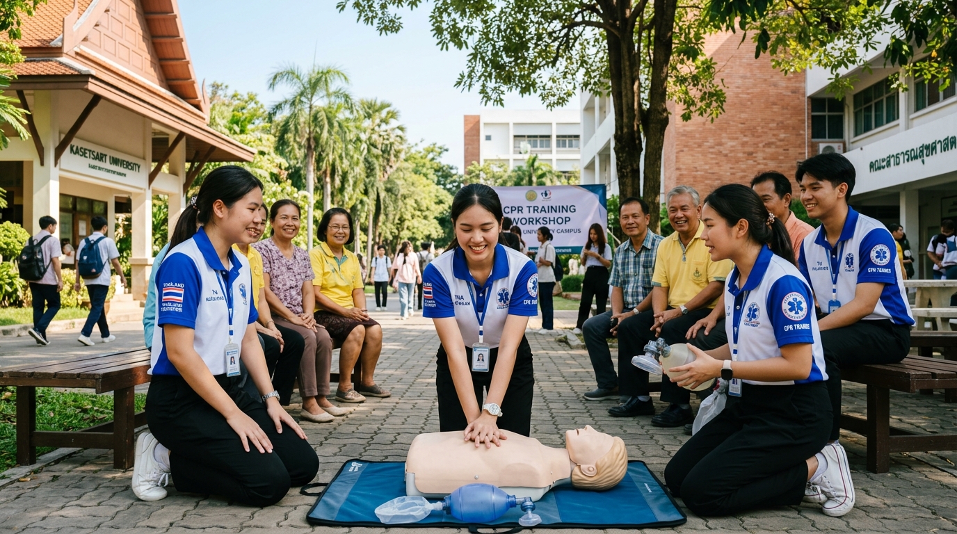 การฝึกปฏิบัติการช่วยชีวิตขั้นพื้นฐาน (CPR) ของชมรมสุริยะอาสาพยาบาล มบส.